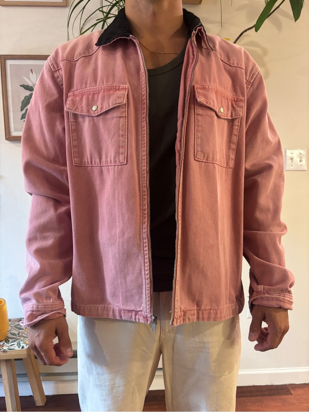 Stussy Workgear Men's Pink Casual Zip-Front Jacket with Contrast Collar